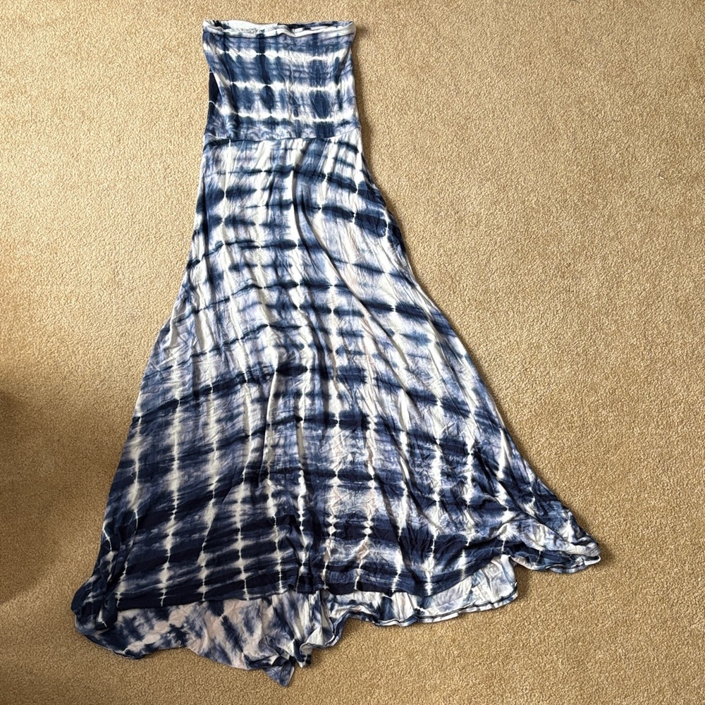 Vacay Blue and White Tie-Dye Dress large tube top strapless maxi dress